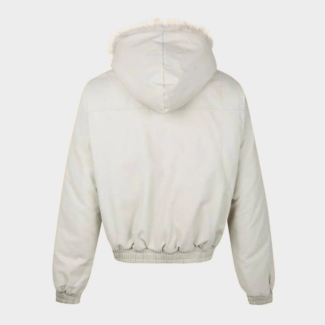 Jacka i bomberstil med huva fuskpälsfoder dragkedja och resårkant