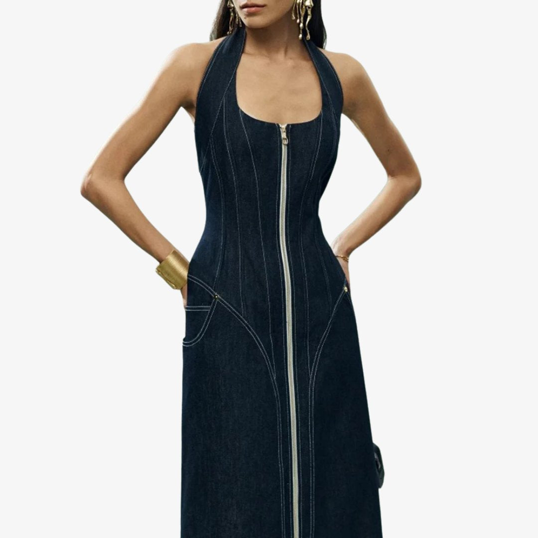 Denim Halterneck Maxiklänning med Korsettliv