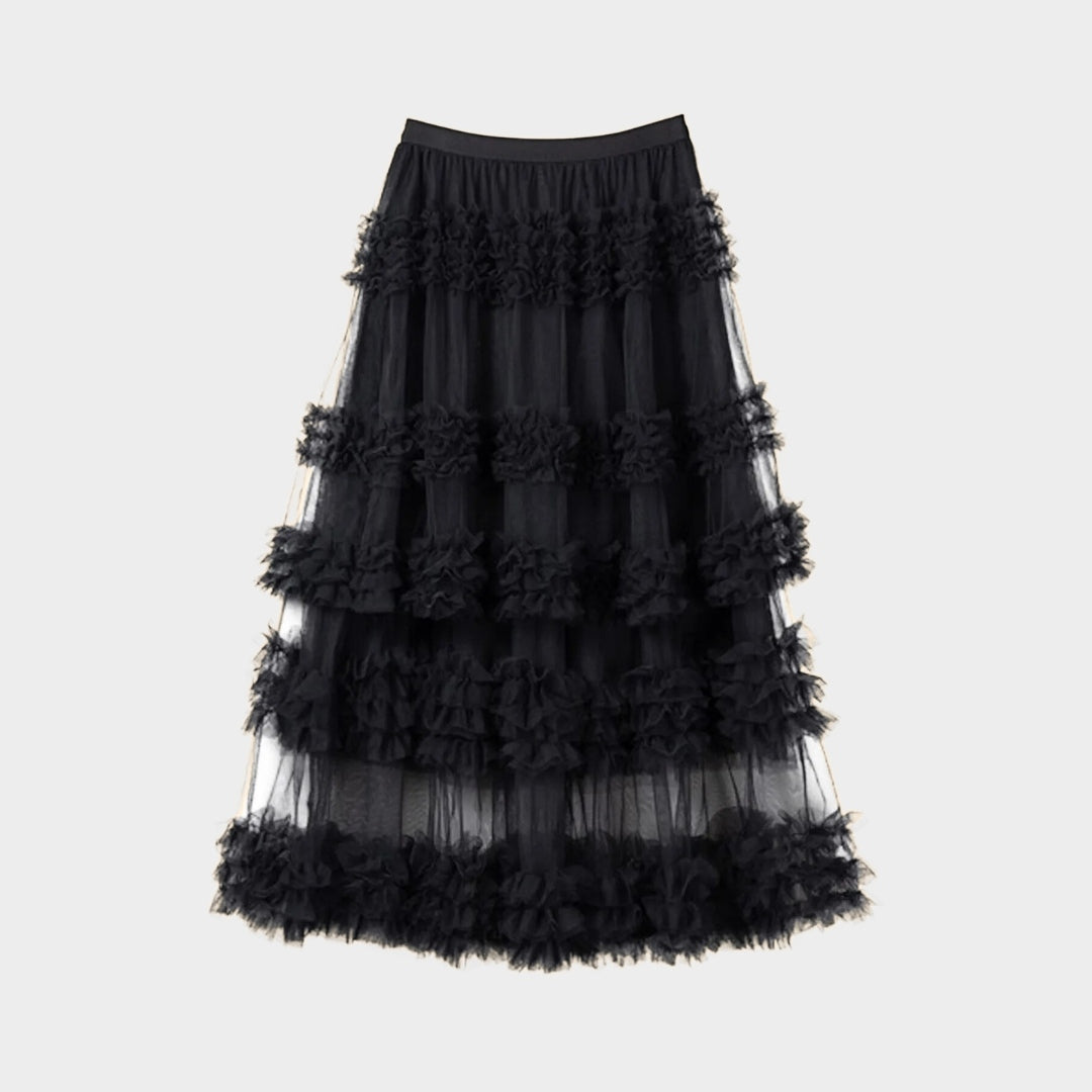 Kjol i spets med lagerdetaljer, naturlig midja, A-linje silhuett och volym