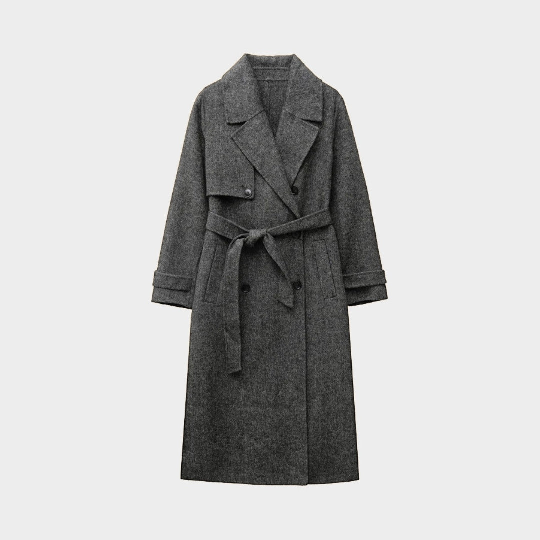 Grå ullmix-trenchcoat med skärp och dubbelknäppning