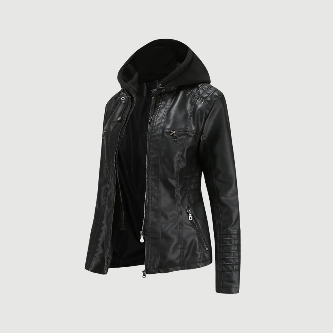 Jacka i skinnimitation med avtagbar huva och bikerstil