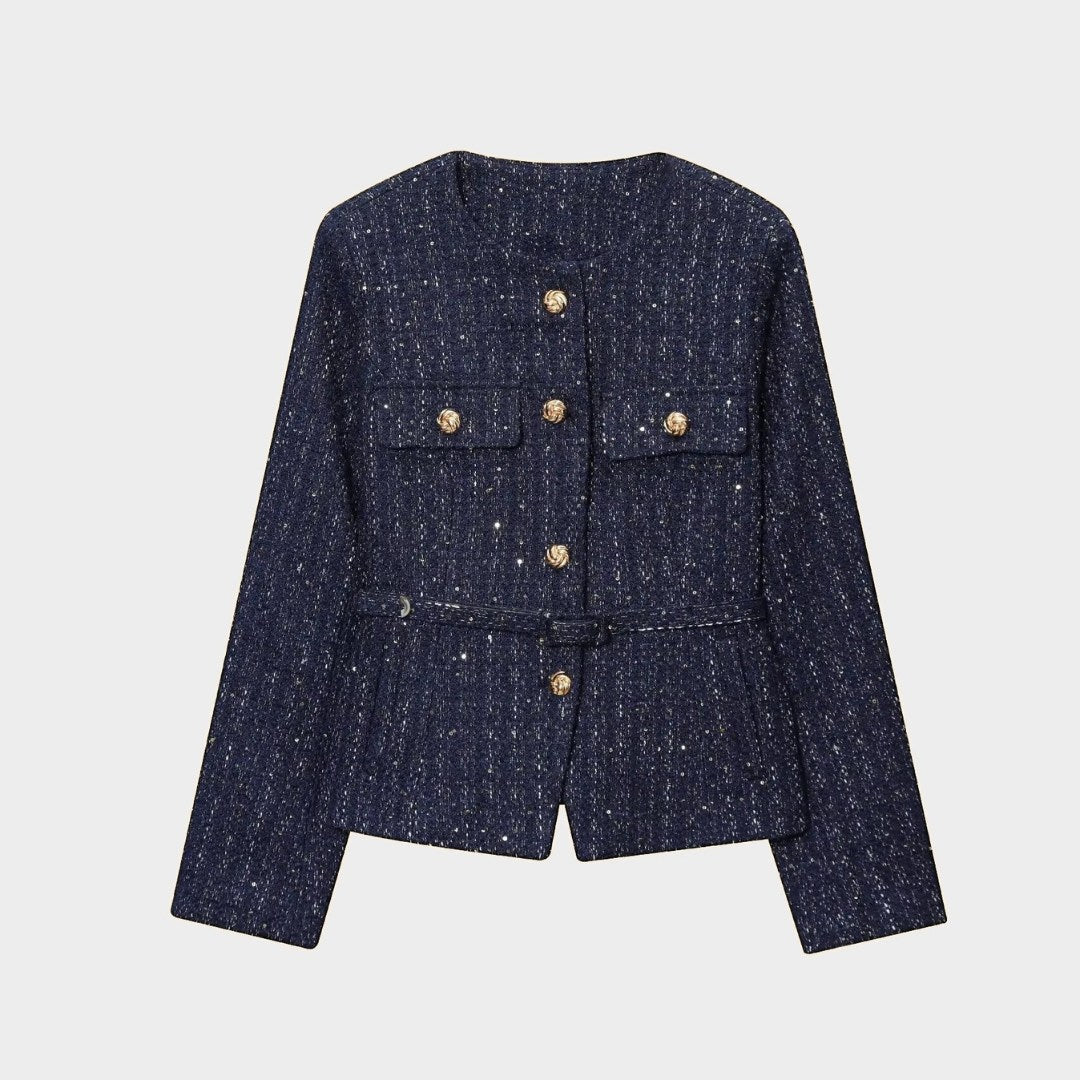 Jacka i tweedstil med rund hals paljettdetaljer och knäppning