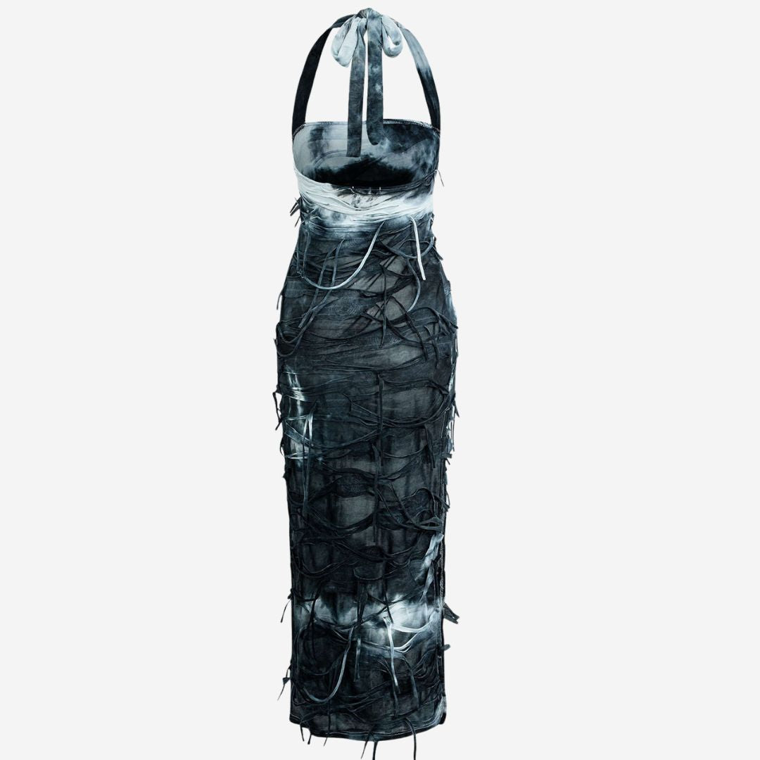 Midiklänning i bränd tie-dye-effekt med råa sömmar och knytbar halterneck