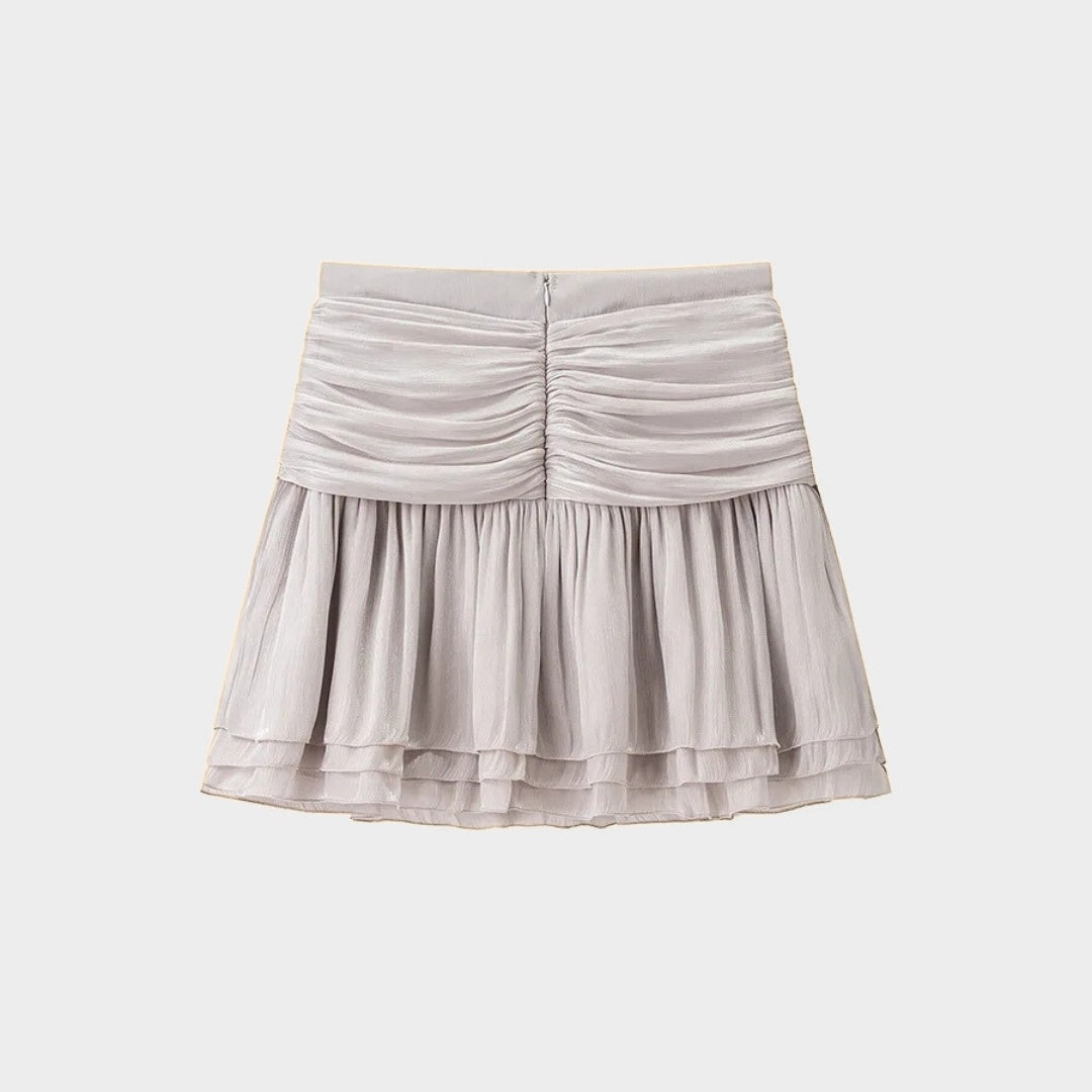 Grå blus med knytband och långa ärmar samt veckad lagerkjol set