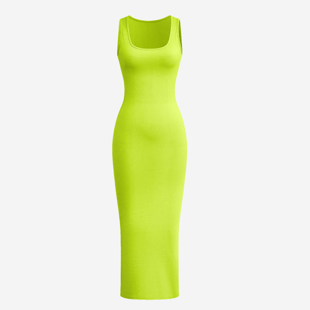 Ribbstickad ärmlös midiklänning med kroppsnära passform rund halsringning och mjuk bomullskänsla