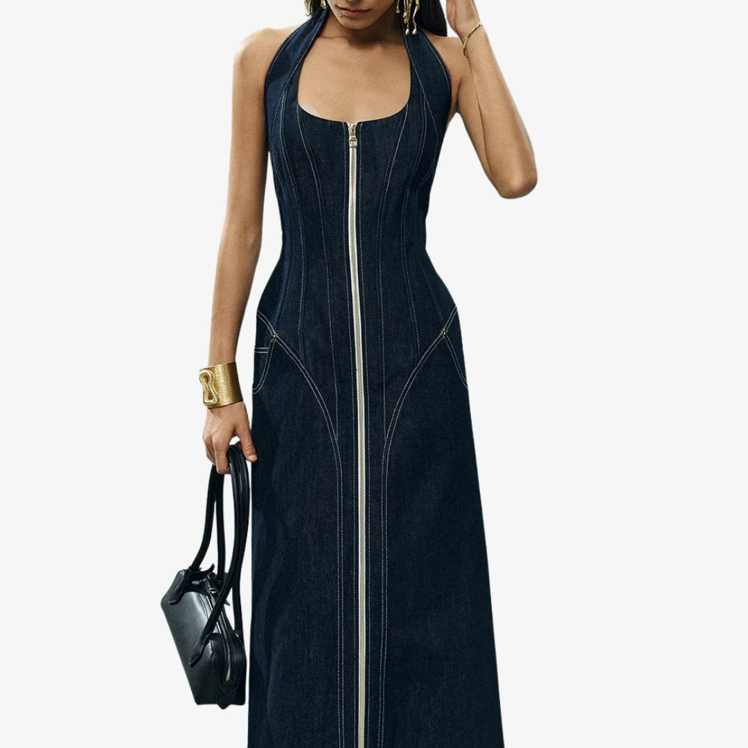 Denim Halterneck Maxiklänning med Korsettliv