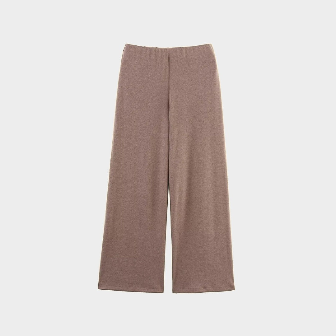 Brun Tvådelat set med omlottopp och vida byxor i stretchigt trikåmaterial