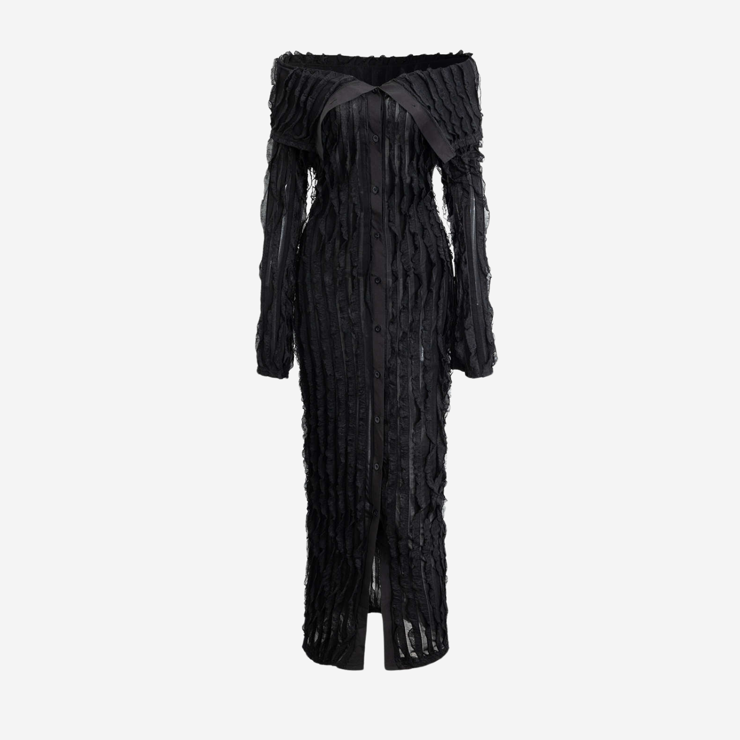 Axelbandslös midiklänning i veckad jersey med knappstängning lång ärm och figurnära passform