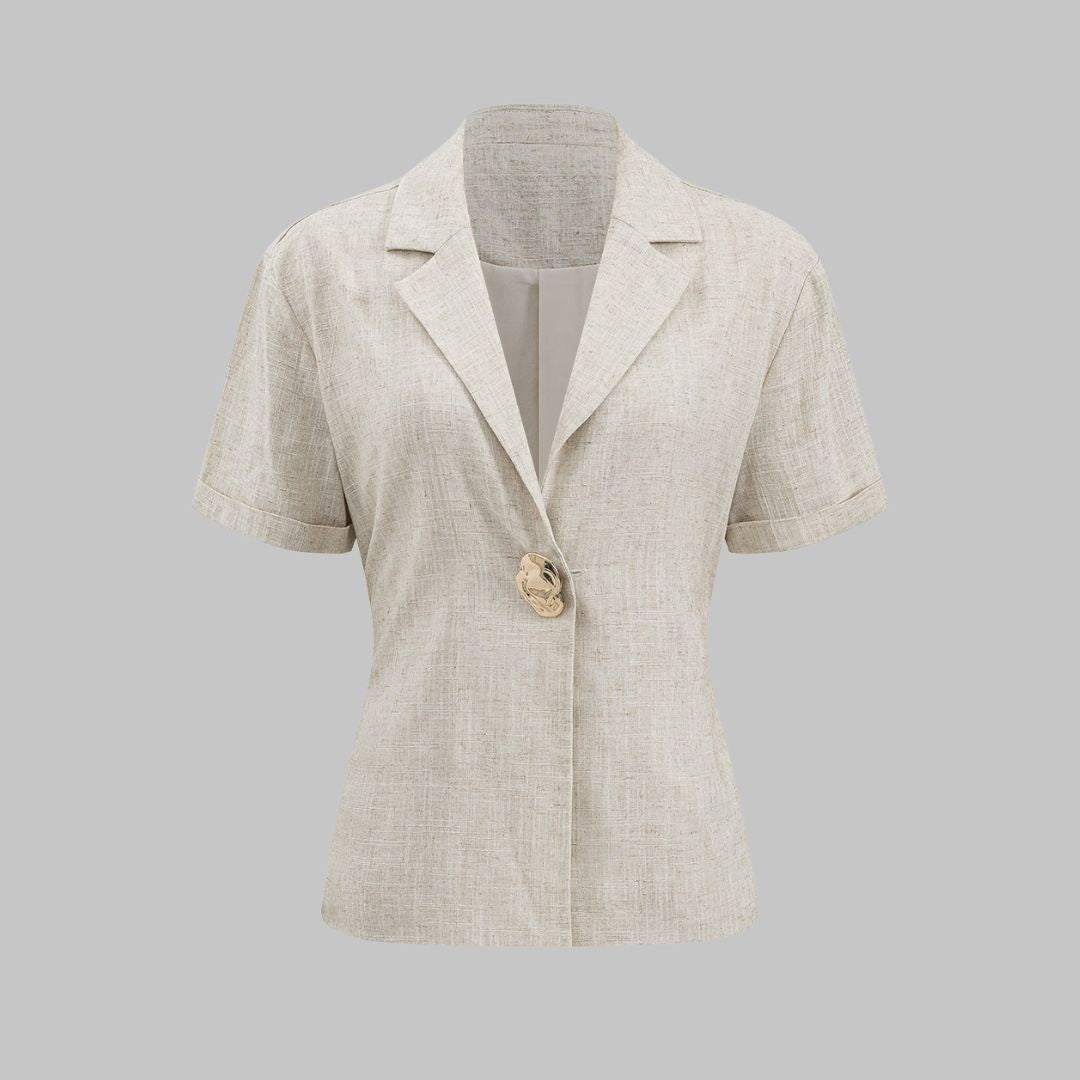 Beige figurnära topp i linne- och viskosblandning med kort ärm och rund halsringning