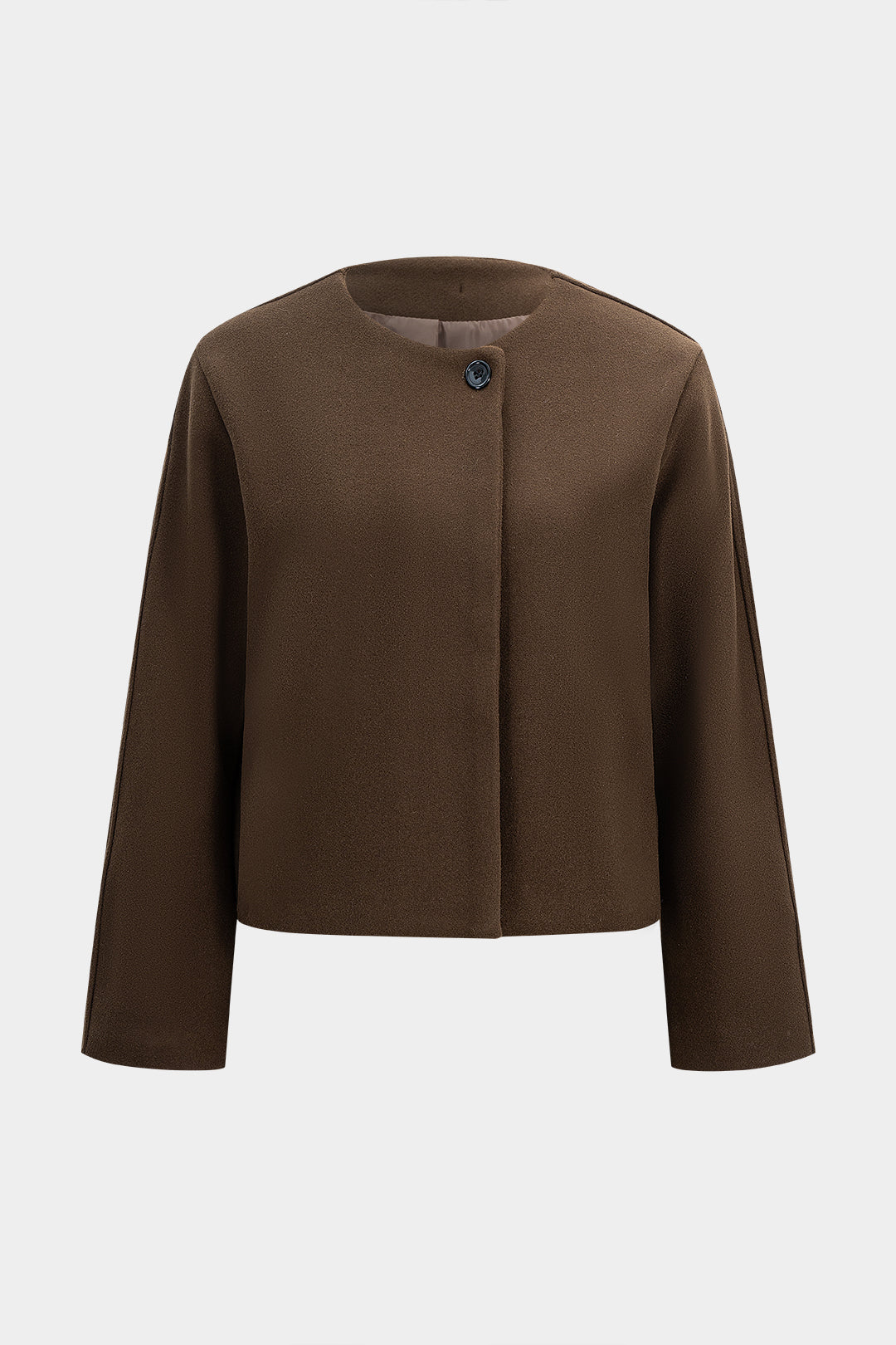 Brun kort jacka i ullmix med enkel knäppning för dam