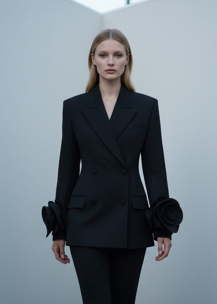 Svart Dubbelknäppt Blazer med Rosapplikationer på Ärmarna