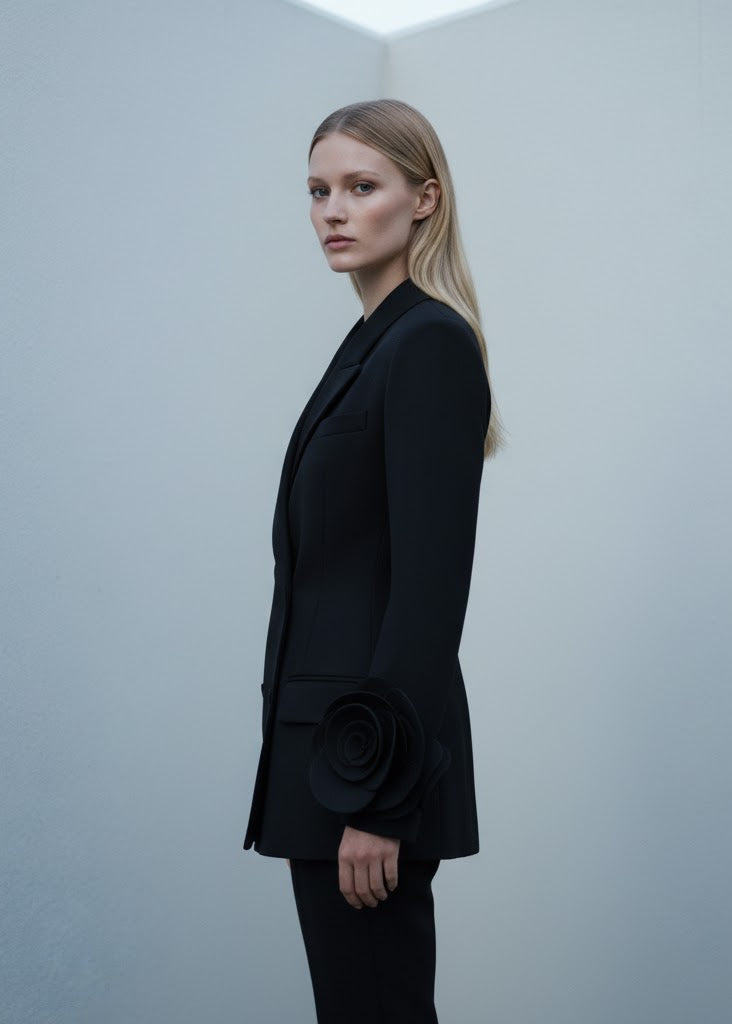 Svart Dubbelknäppt Blazer med Rosapplikationer på Ärmarna