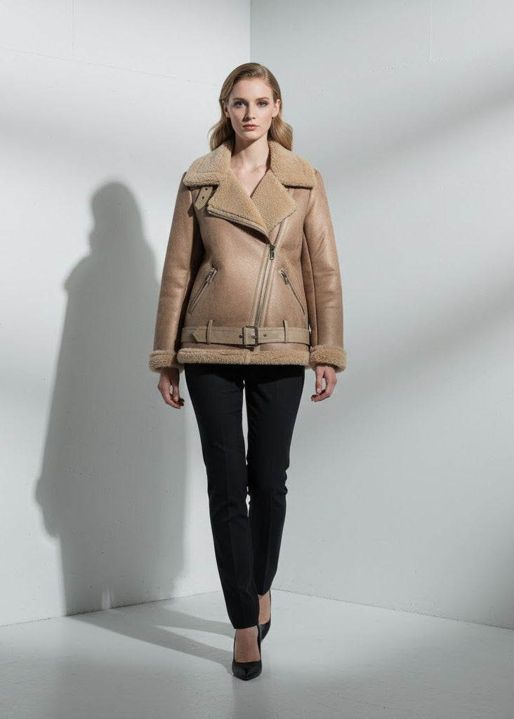 Kort ljusbrun bikerjacka i teddyfodrad design med dragkedja och skärp