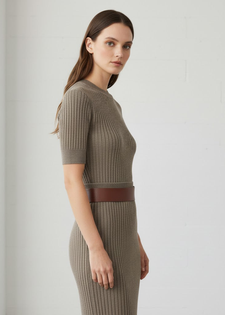 Ribbstickad midikjol med avtagbart bälte och figurnära passform