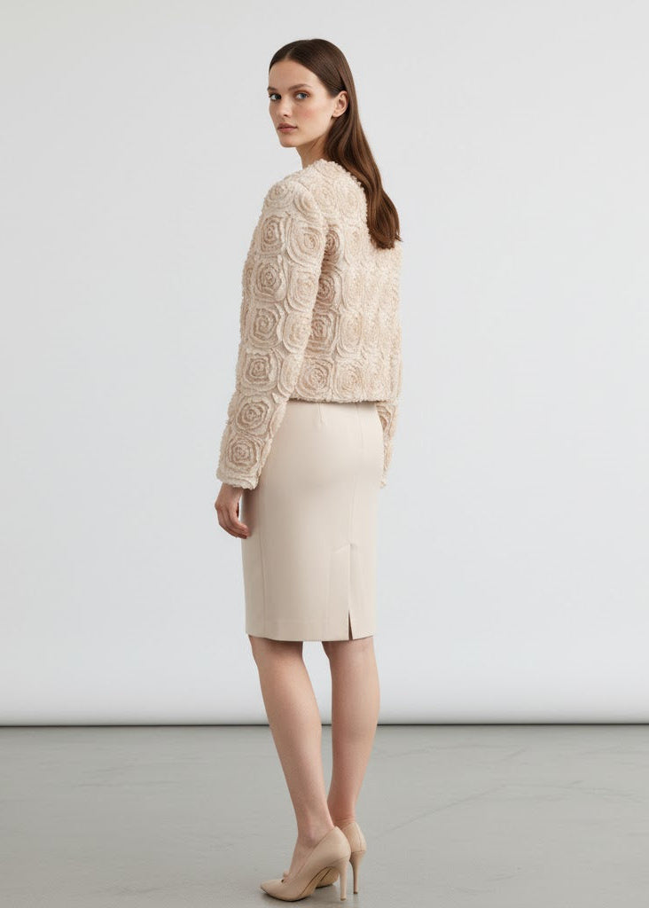 Vit kort jacka med 3D-blomdetaljer och öppen front