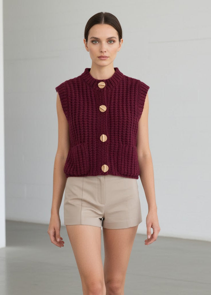 Tjockstickad ärmlös kofta med guldfärgade knappar