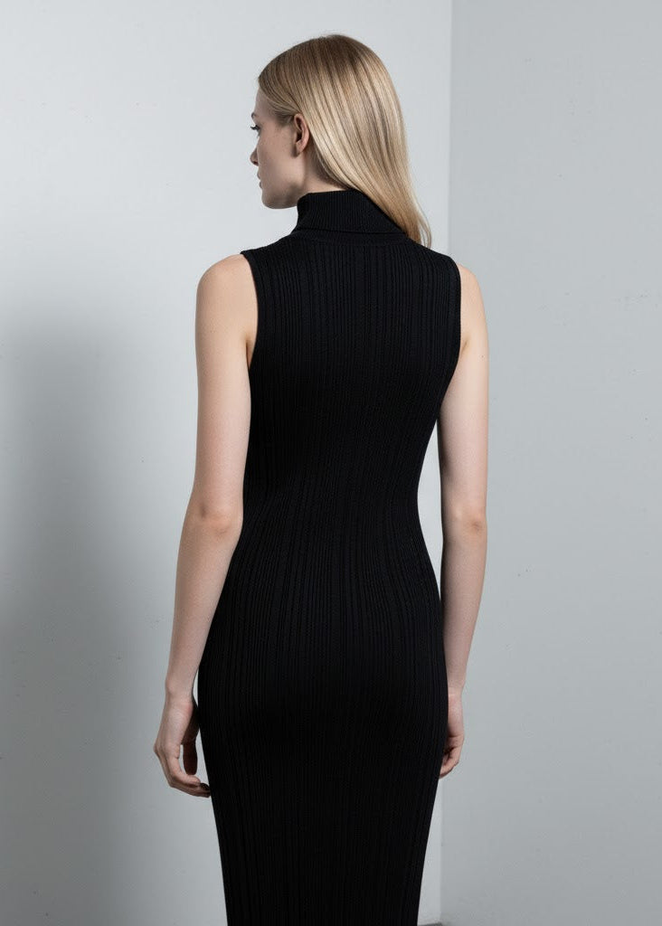 Svart ribbstickad ärmlös midiklänning i figurnära modell med polokrage och elegant minimalistisk design