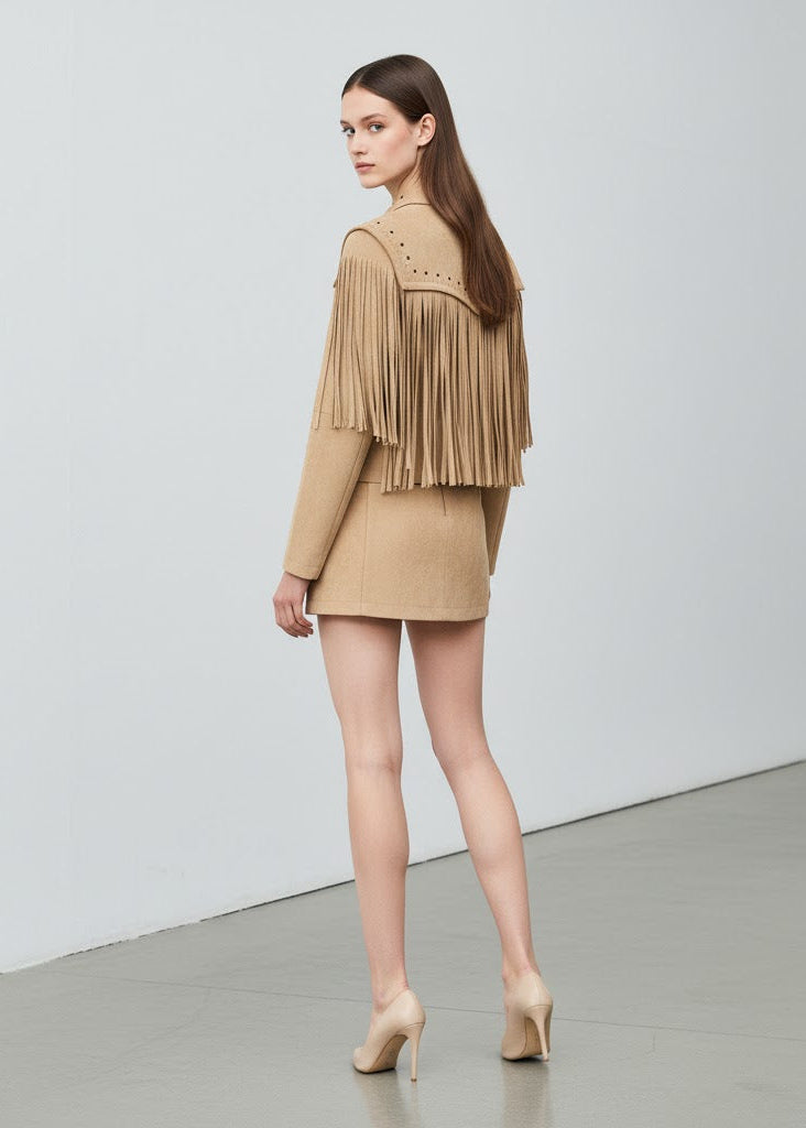 Beige mockajacka i cowboystil med långa fransar och nitar