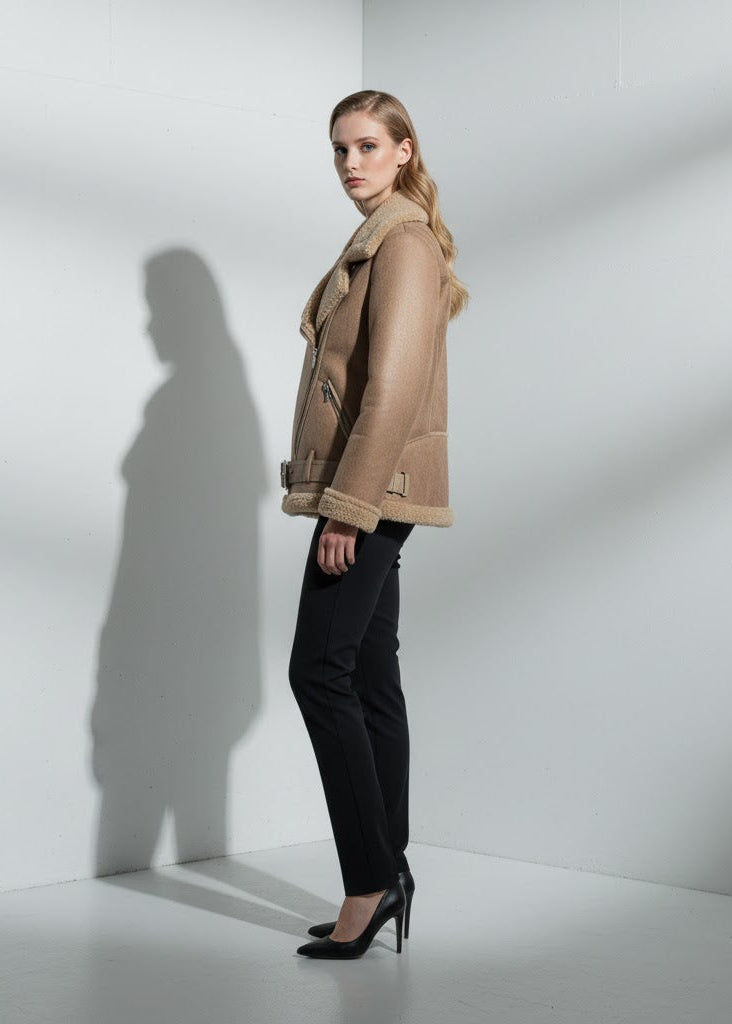 Kort ljusbrun bikerjacka i teddyfodrad design med dragkedja och skärp