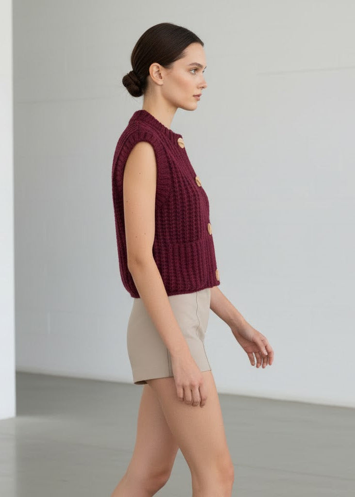 Tjockstickad ärmlös kofta med guldfärgade knappar