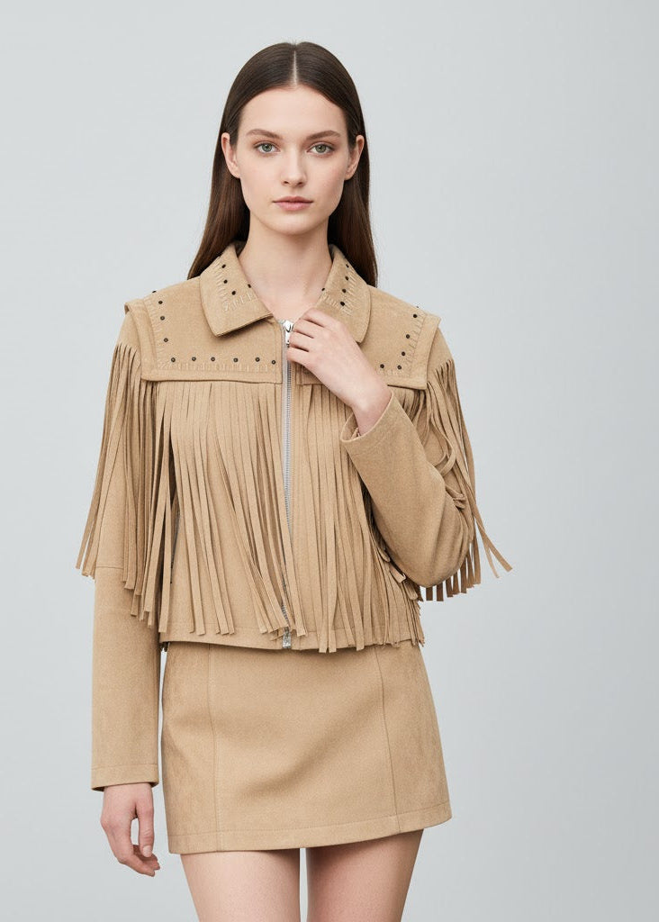 Beige mockajacka i cowboystil med långa fransar och nitar