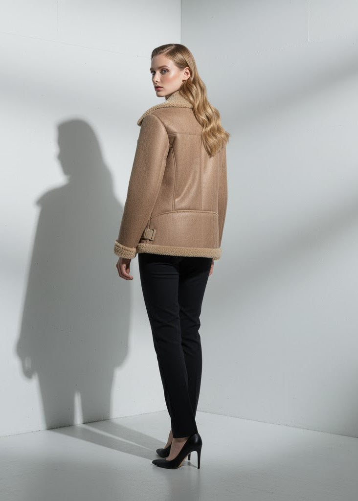 Kort ljusbrun bikerjacka i teddyfodrad design med dragkedja och skärp