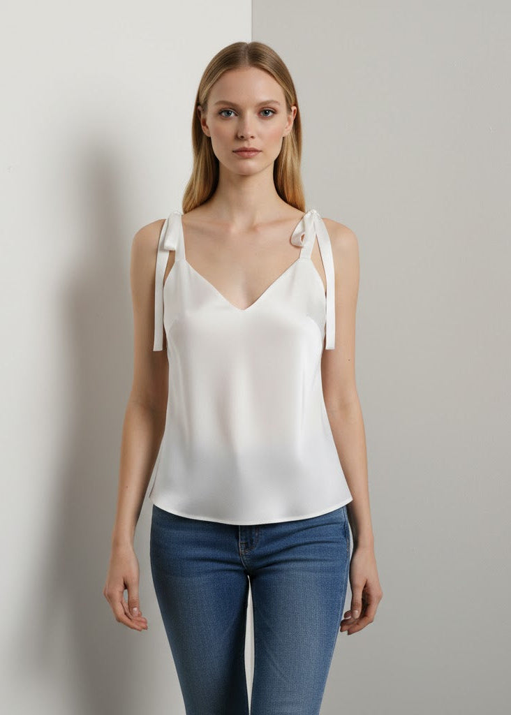 Satintopp med knytbara axelband och kort skärning