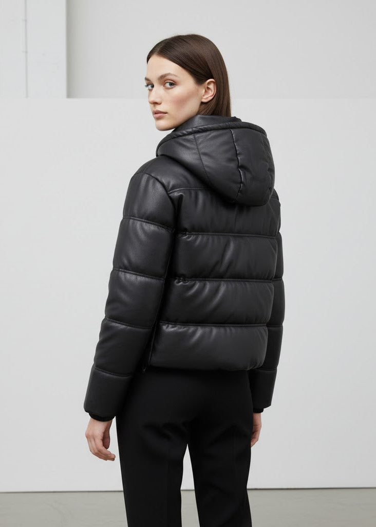 Quiltad vinterpufferjacka med huva hel dragkedja och sidofickor