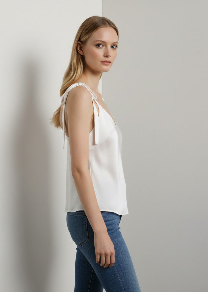 Satintopp med knytbara axelband och kort skärning