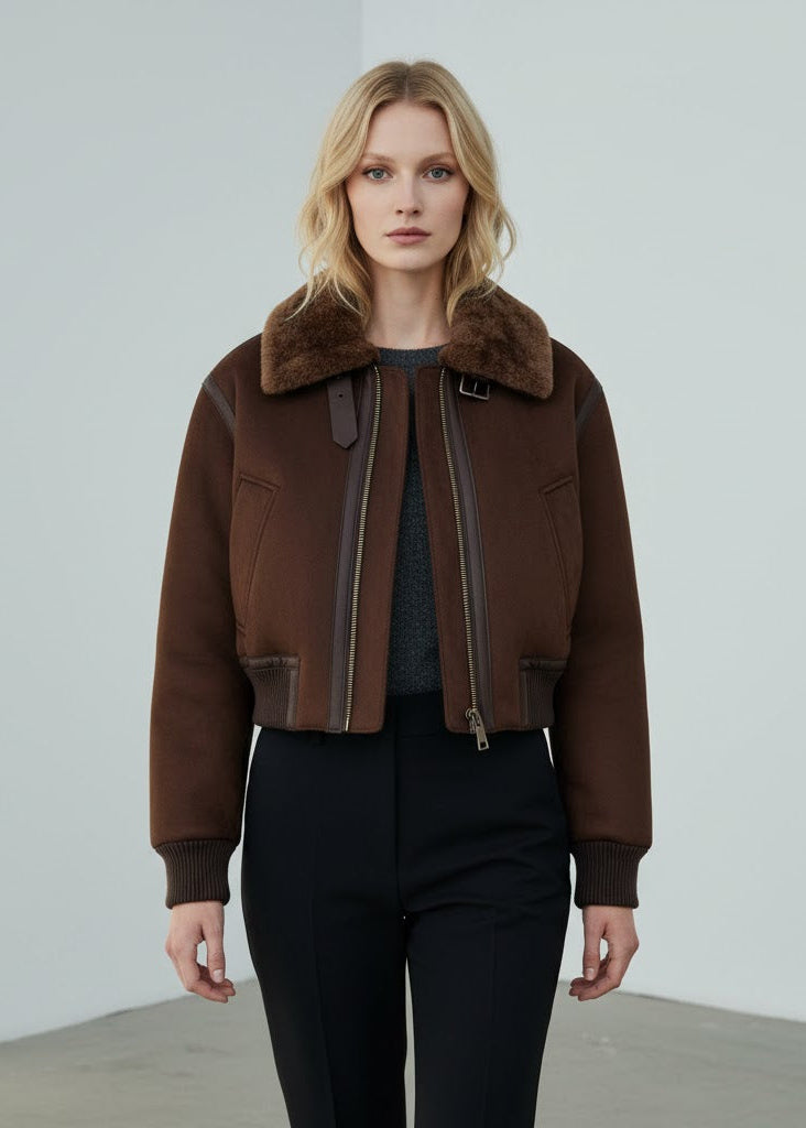 Mörkbrun aviator bomberjacka i fuskpäls med ståkrage