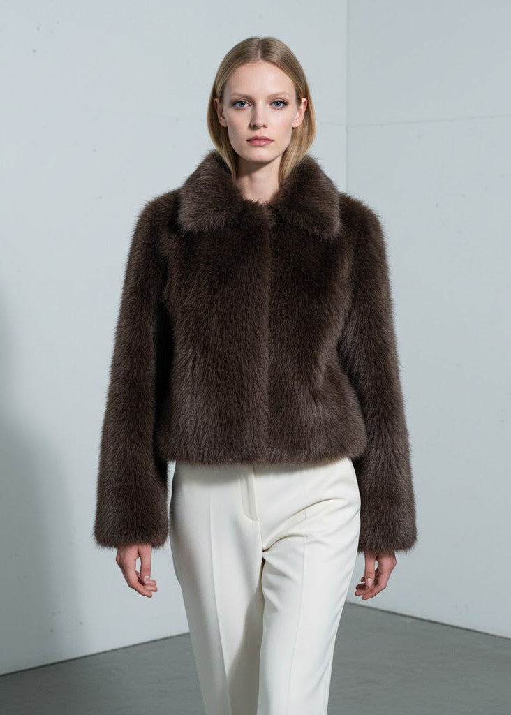 Brun kort fuskpälsjacka med bred krage och rak silhuett i tät borstad struktur