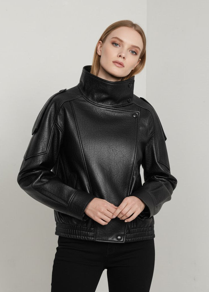 Svart pull-over jacka i fuskläder med ståkrage och asymmetrisk knäppning