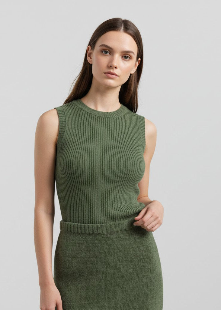 Grön stickad minikjol i ribbad struktur med figurnära passform och mellanstretch