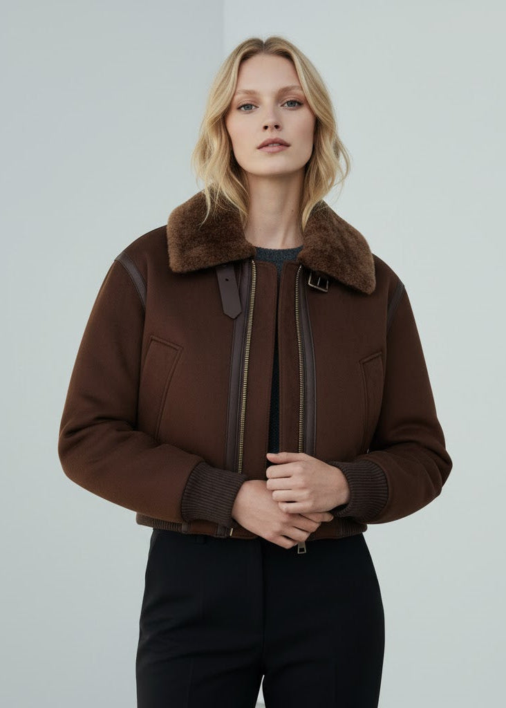 Mörkbrun aviator bomberjacka i fuskpäls med ståkrage