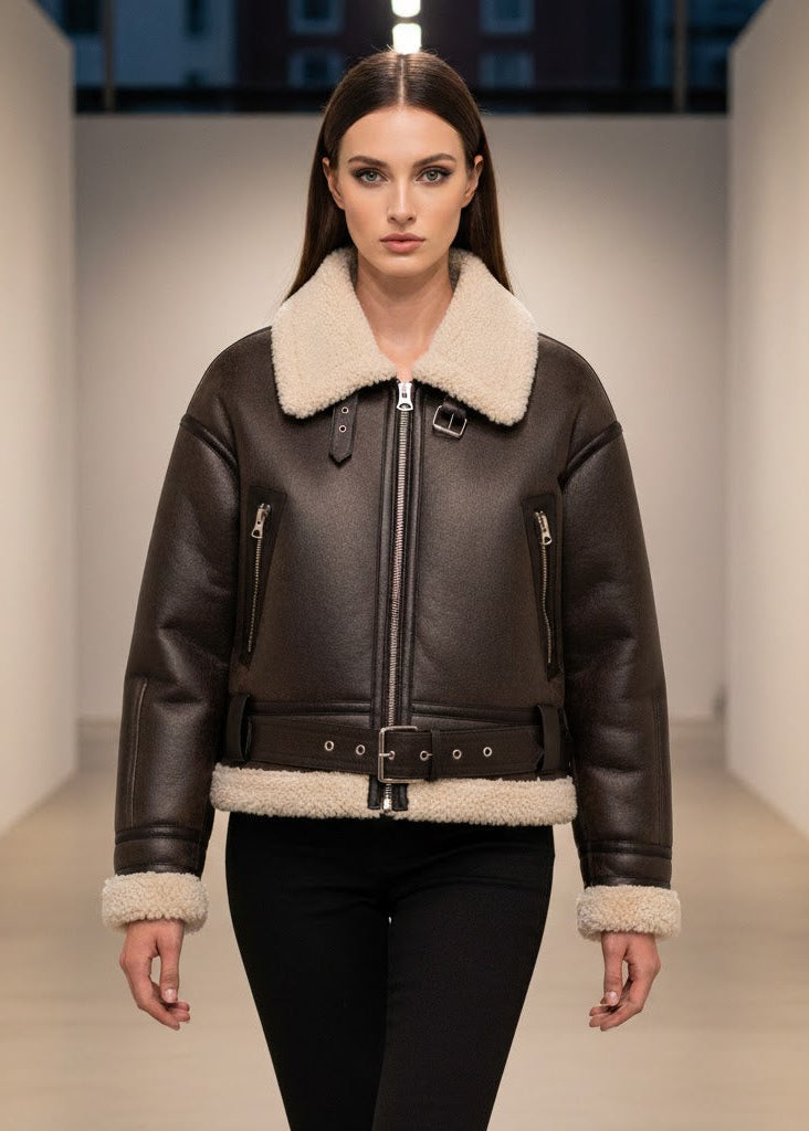 Mörkbrun jacka i fuskpäls med bälte dragkedjor och varm fodring