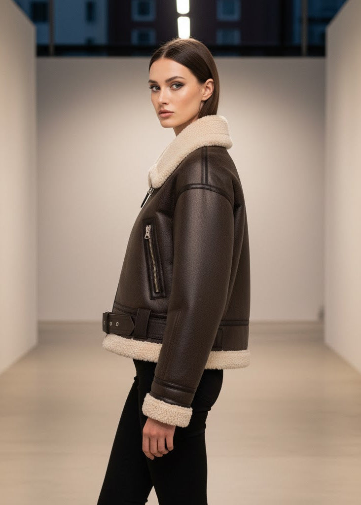 Mörkbrun jacka i fuskpäls med bälte dragkedjor och varm fodring