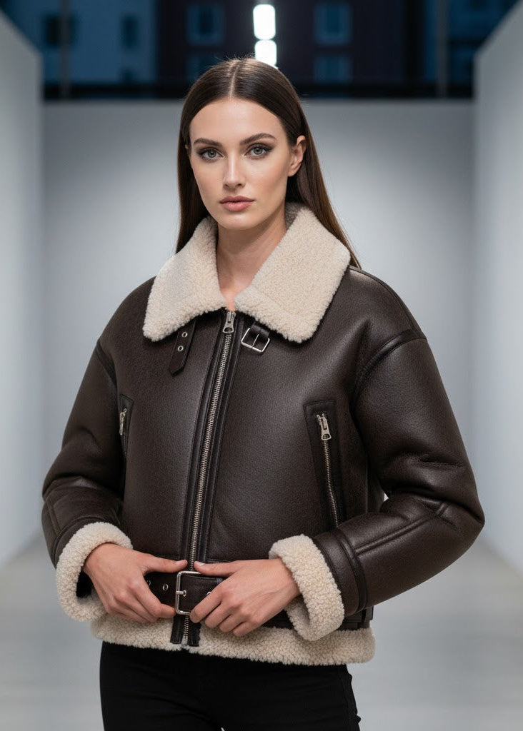 Mörkbrun jacka i fuskpäls med bälte dragkedjor och varm fodring