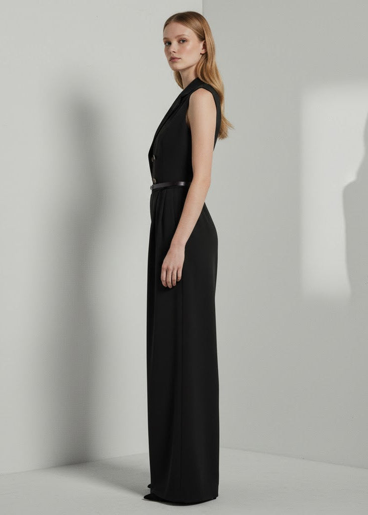 Ärmlös byxdress med kavajkrage och raka ben