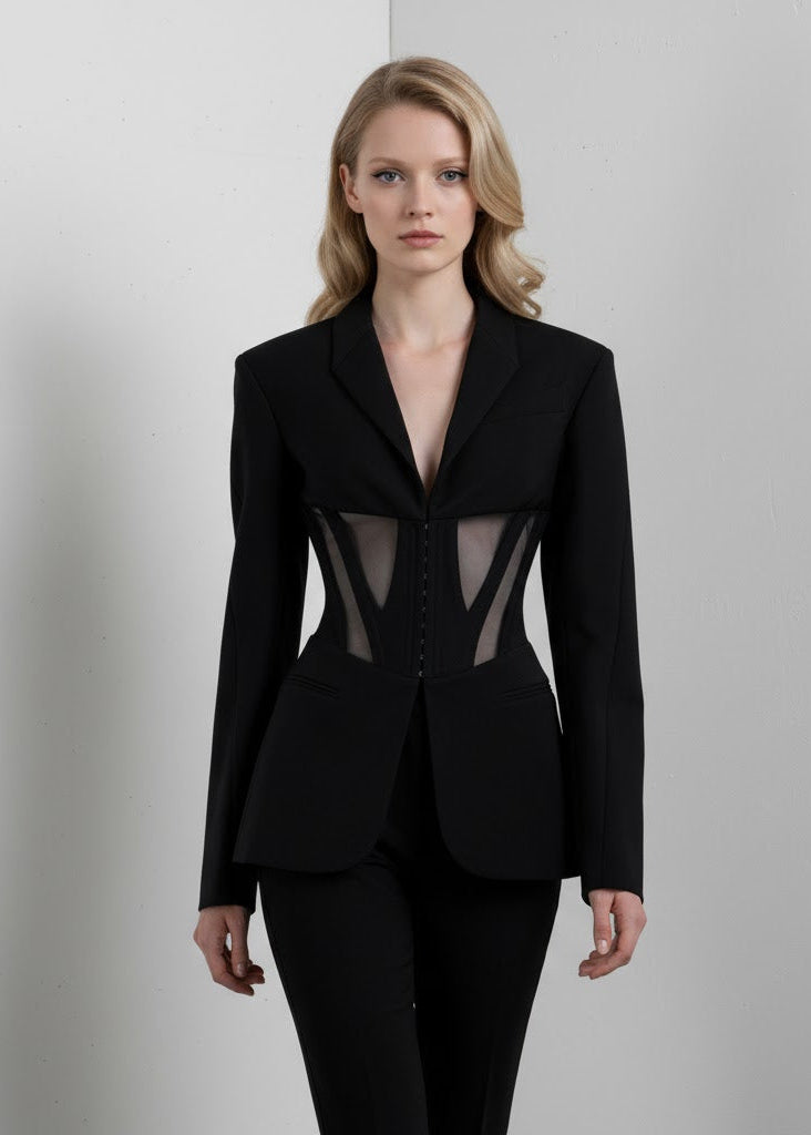 Svart Skräddarsydd Passform Blazer med Transparenta Meshpaneler