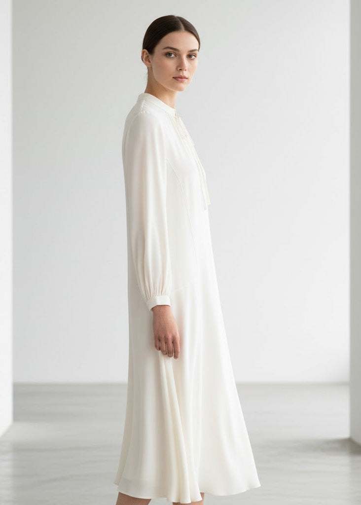 Vit Lång A-linjeformad klänning med knytning och rynkade ärmar
