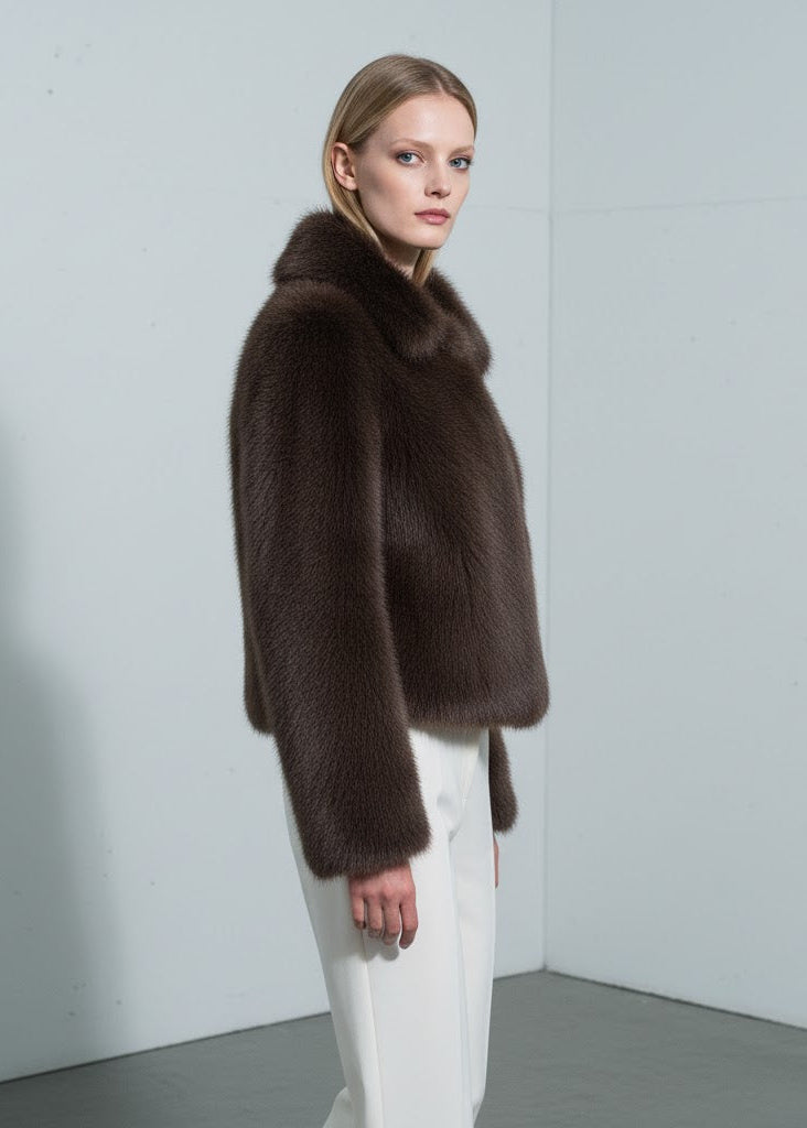 Brun kort fuskpälsjacka med bred krage och rak silhuett i tät borstad struktur