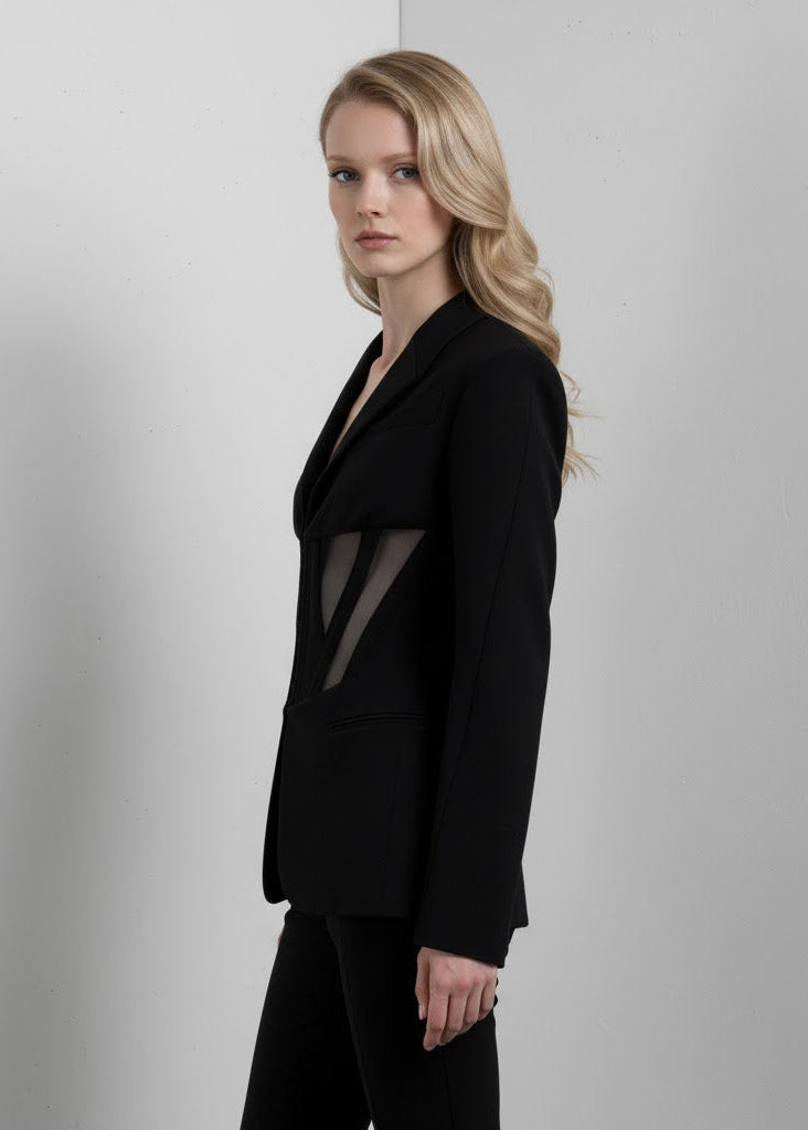 Svart Skräddarsydd Passform Blazer med Transparenta Meshpaneler