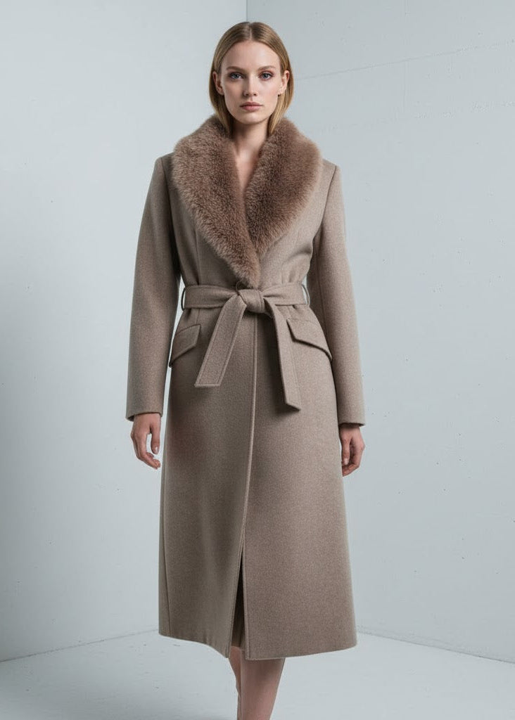 Lång kappa med fuskpälskrage midjebälte och knäppning