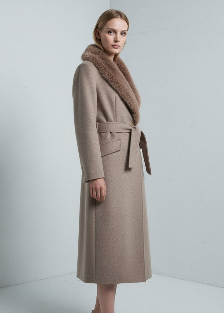 Lång kappa med fuskpälskrage midjebälte och knäppning