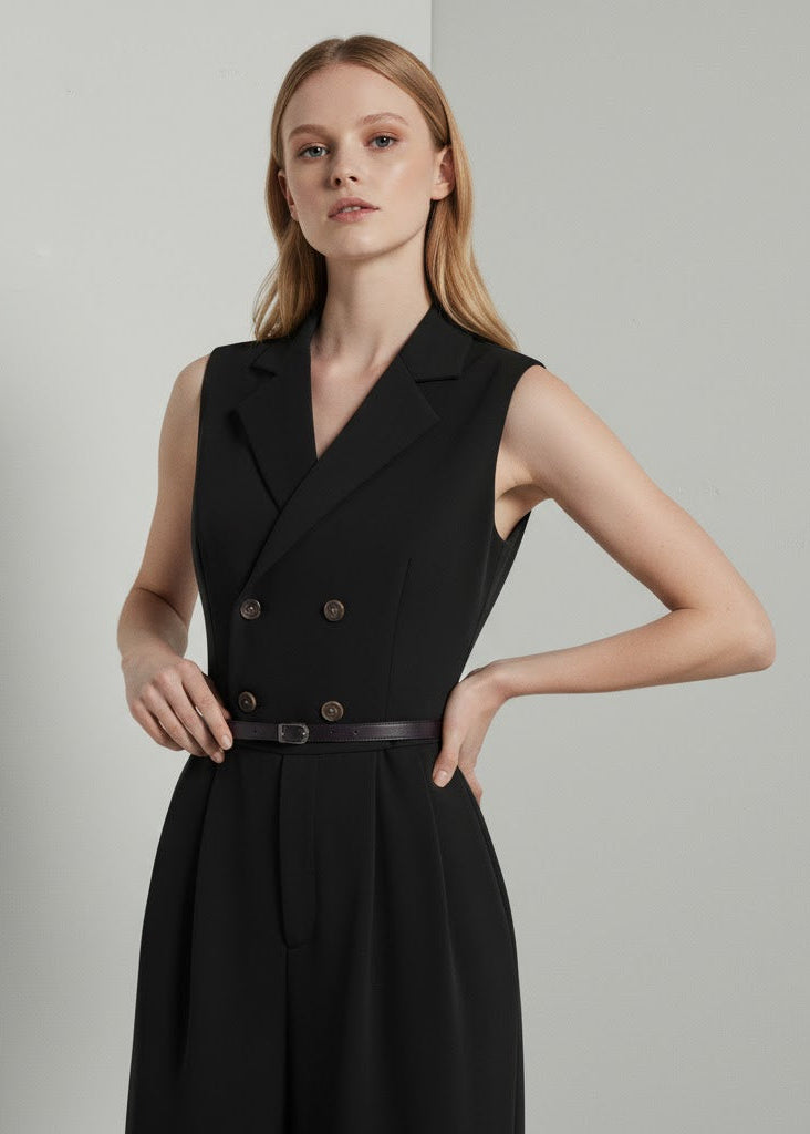 Ärmlös byxdress med kavajkrage och raka ben