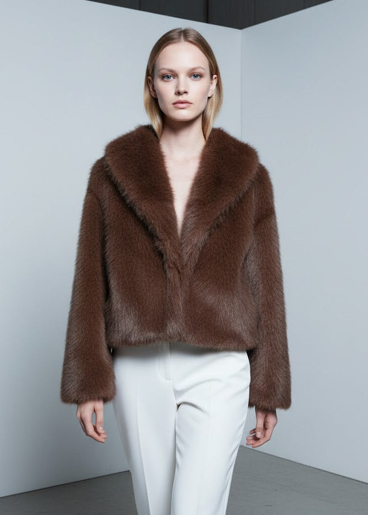 Kort brun jacka i fuskpäls med krage och öppen front