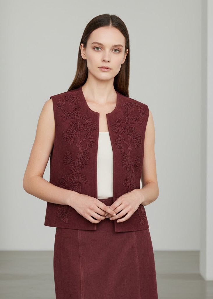 Broderad väst i kort modell med blommönster