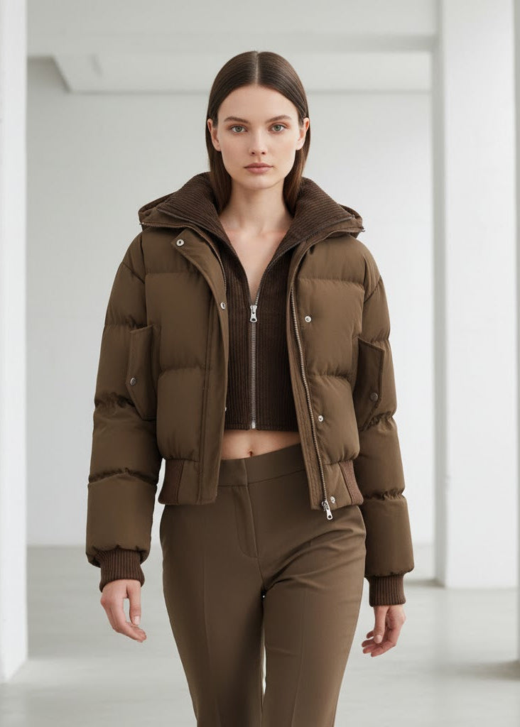 Brun puffjacka med innerväst i manchester och ribbade muddar