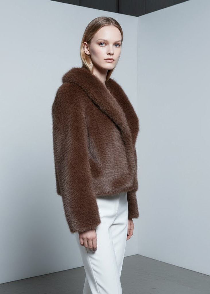 Kort brun jacka i fuskpäls med krage och öppen front