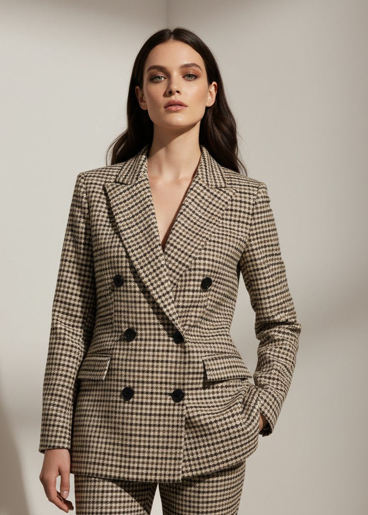 Kavaj i rutmönster med skårad krage dubbelknäppt front och regular passform